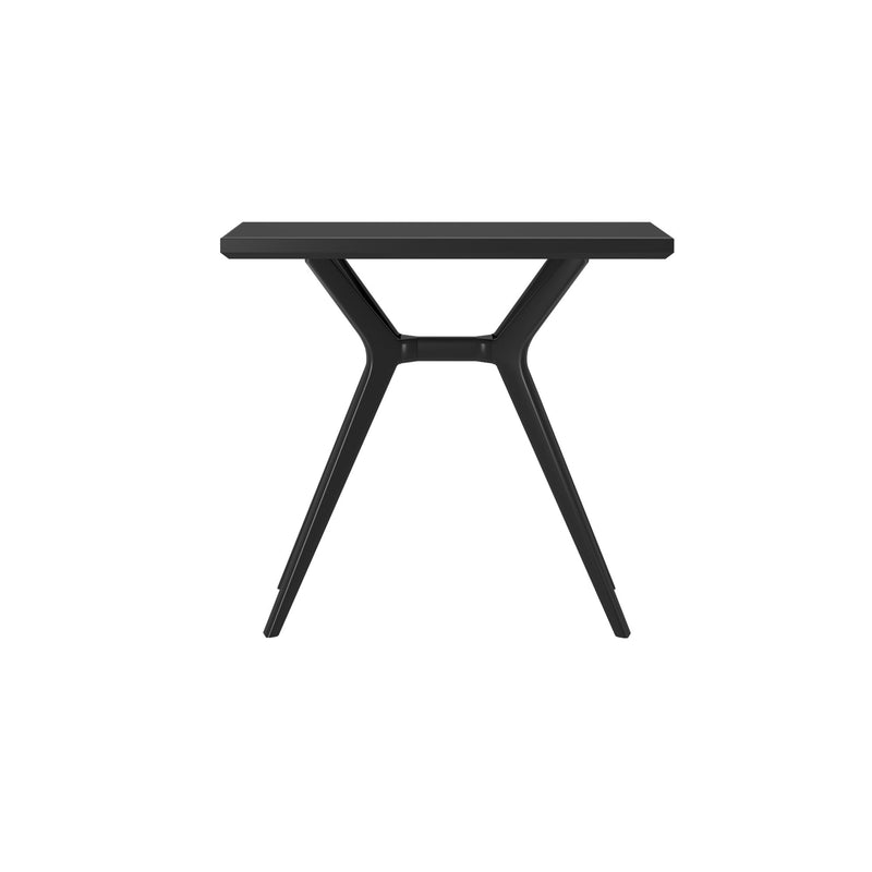 Modern minimalist black table with sleek geometric design.