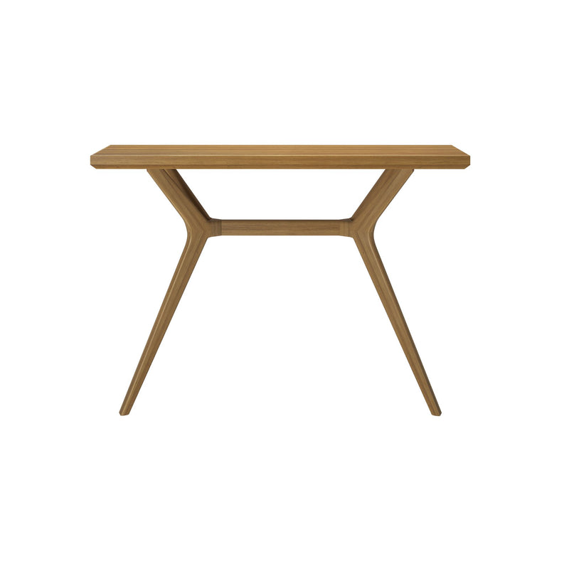 Modern wooden console table with sleek design and angled legs.