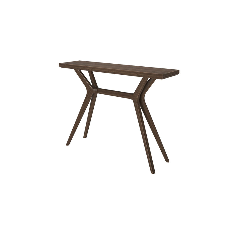 Dark walnut console table with sculptural X-frame legs, slim rectangular top — mid-century modern solid wood entryway or hallway table on white background