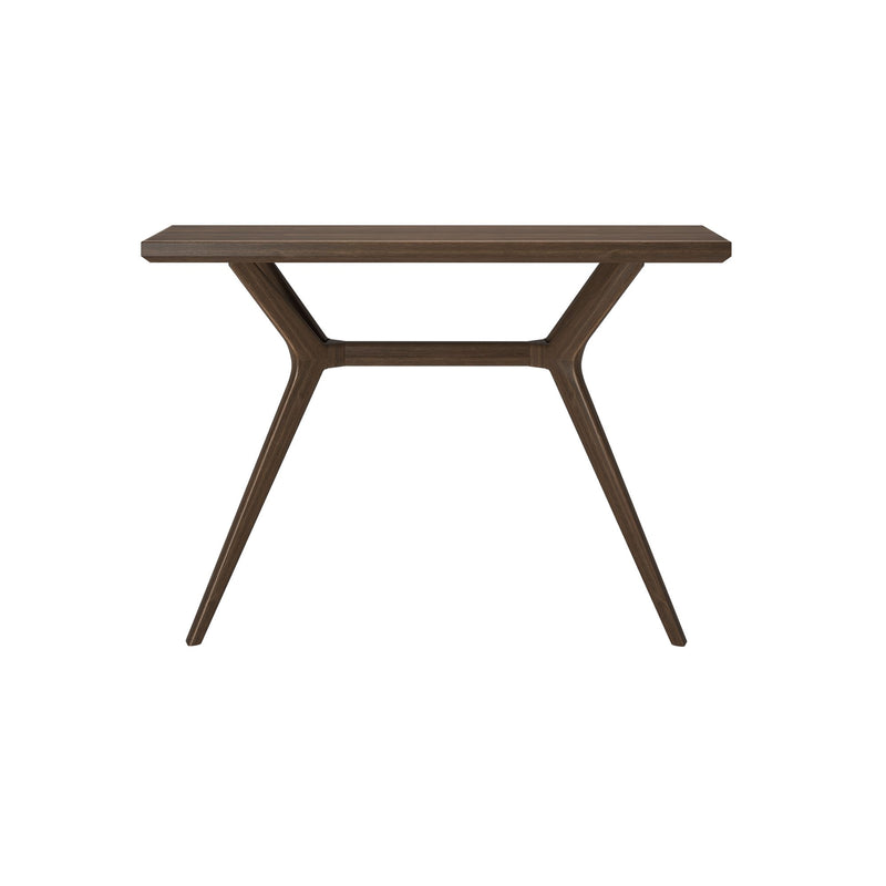 Mid-century modern walnut dining table with angled trestle legs and thick wood tabletop isolated on white background