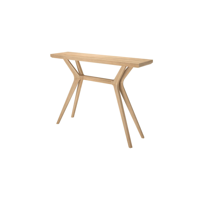 Modern wooden console table with sleek design and angled legs.