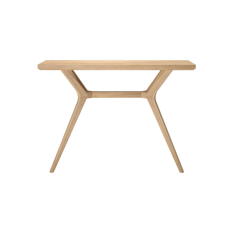 Contemporary wooden console table with minimalist design and angled legs.