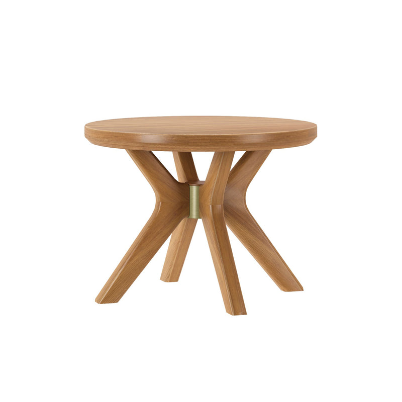 Modern wooden round side table with unique leg design on a white background.