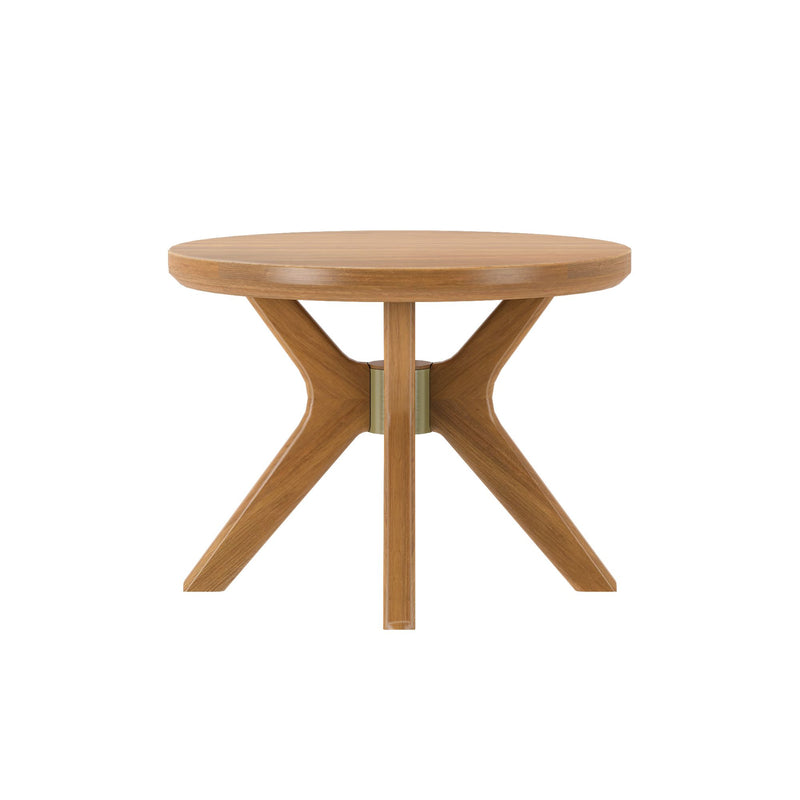 Wooden round side table with modern tripod legs on white background.