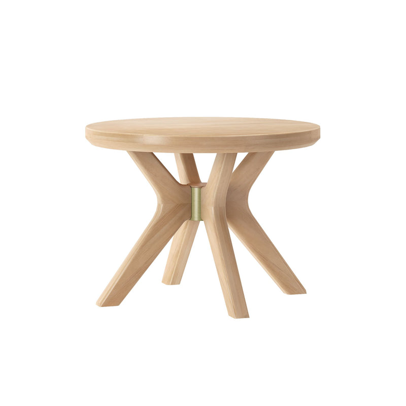 Round modern wooden coffee table with unique crisscross legs, perfect for living room decor.