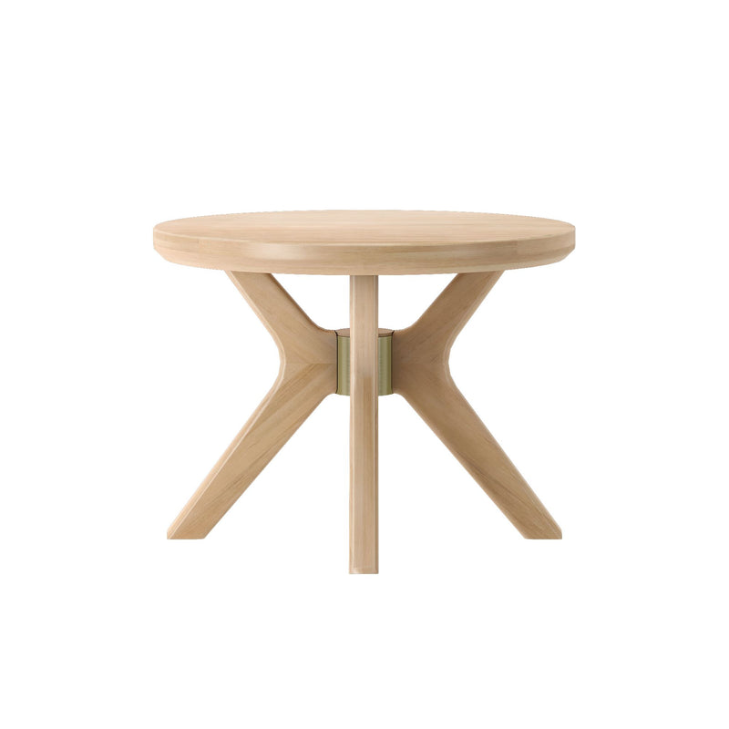 Modern wooden round coffee table with unique geometric base design.