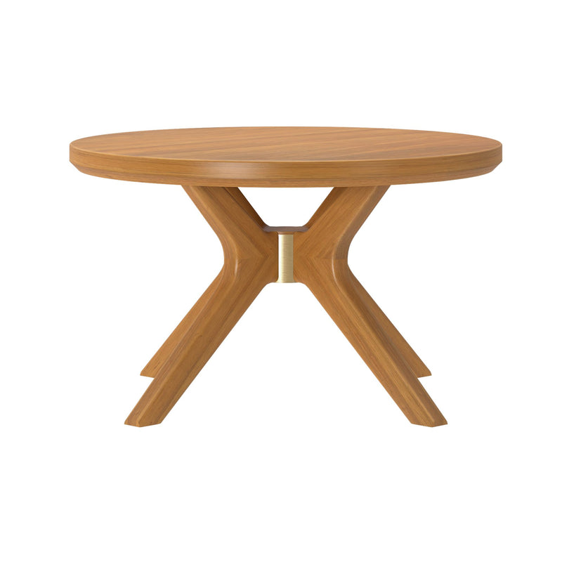 Round wooden dining table with modern X-shaped legs on a white background.