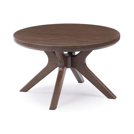 Round wooden coffee table with modern design and sturdy legs.