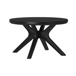 Round black modern dining table with unique four-leg design.