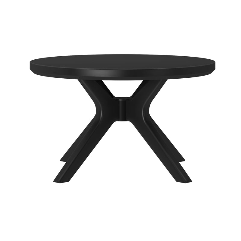 Modern round black table with sleek legs.