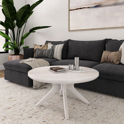 Modern living room interior with dark gray sectional sofa, striped and textured throw pillows, round light-wood coffee table with books and metallic decor, potted bird-of-paradise plant, textured rug and neutral abstract wall art