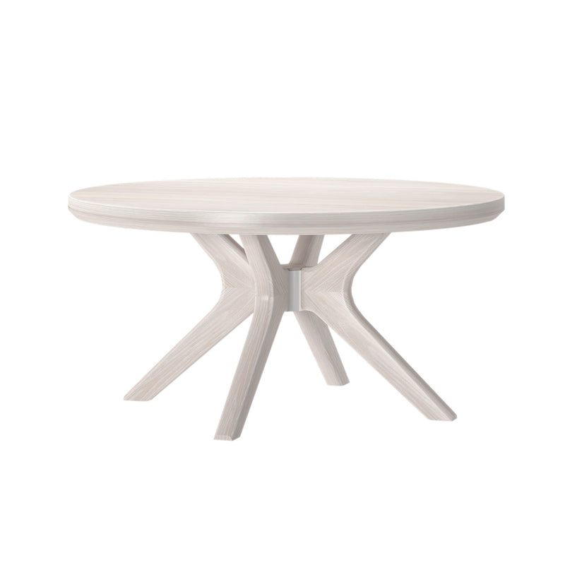 Modern round wooden dining table with elegant design and sturdy legs.