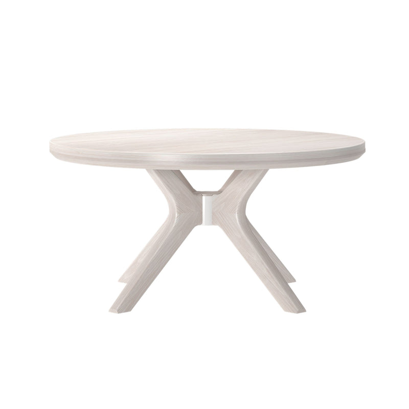 Round white wooden table with modern cross-legged design on a white background.