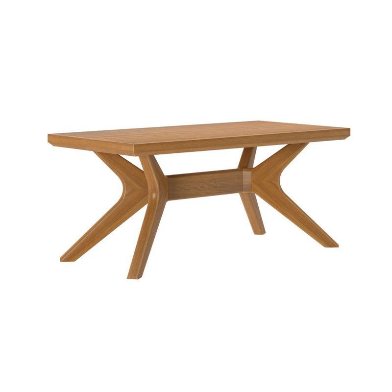 Modern wooden dining table with unique leg design, perfect for contemporary home interiors.