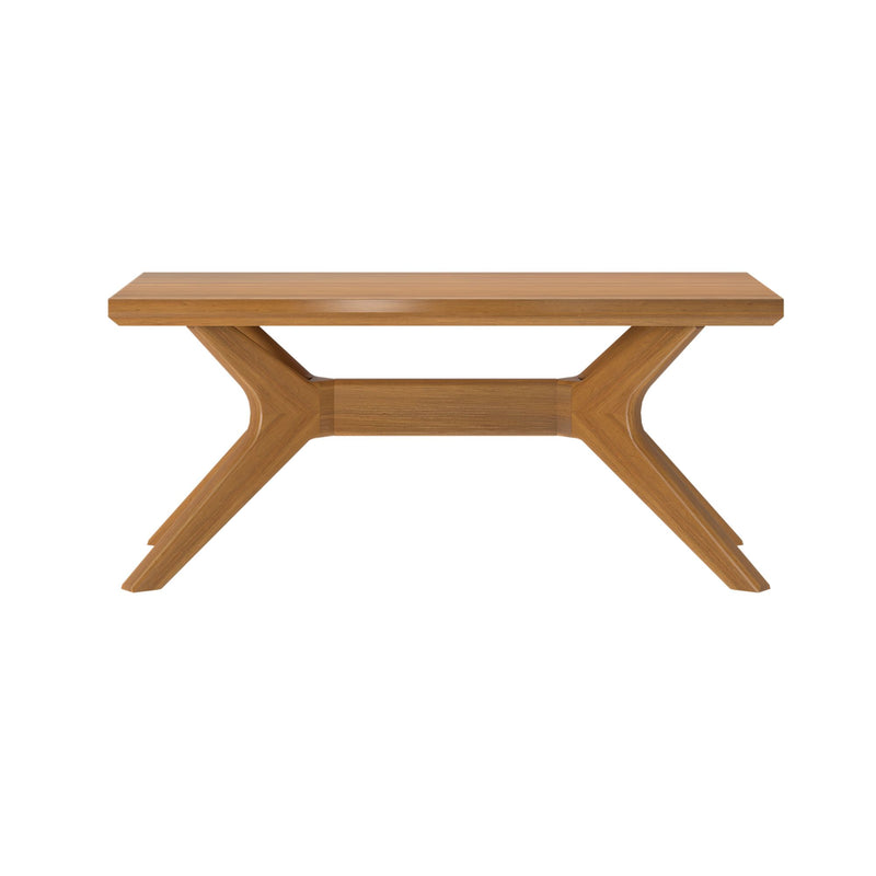 Modern wooden table with unique angled legs design.