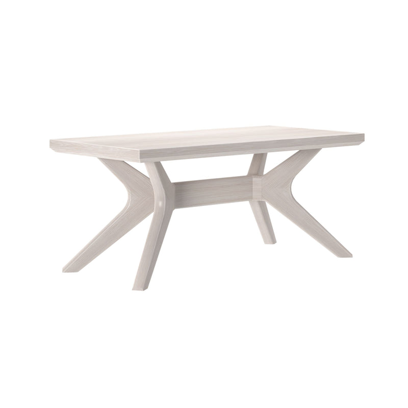 Modern white wooden dining table with unique leg design.