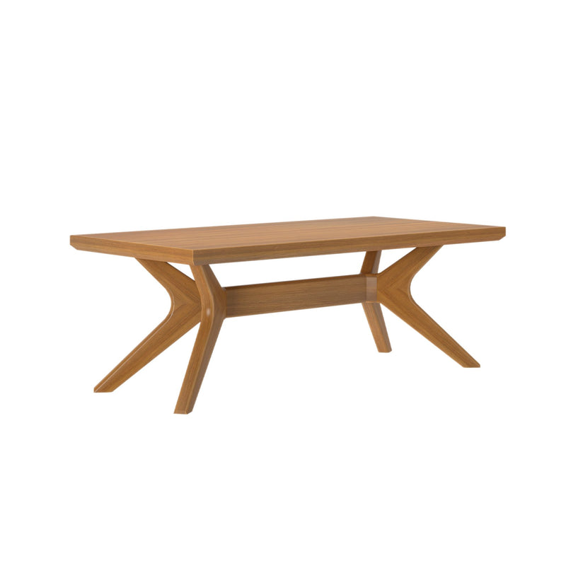 Modern wooden coffee table with unique angled legs, ideal for a contemporary living room setting.
