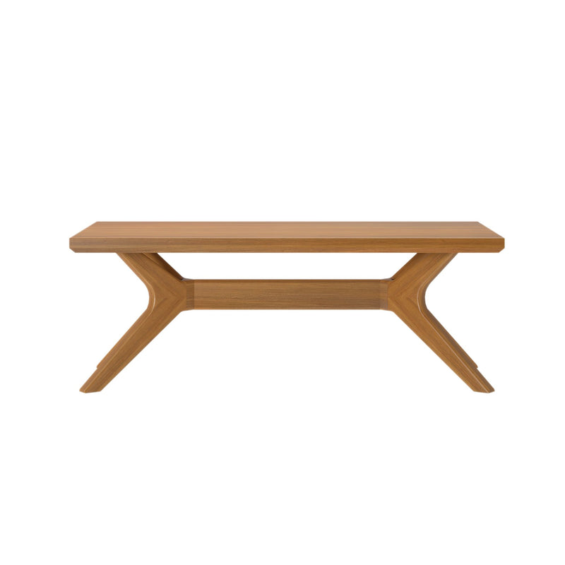 Modern wooden coffee table with unique legs on white background.