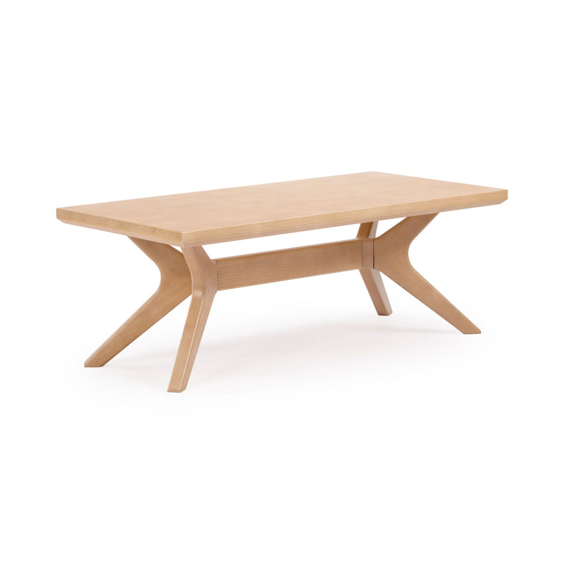 Modern rectangular wooden coffee table with unique angled legs, designed for contemporary living room decor.