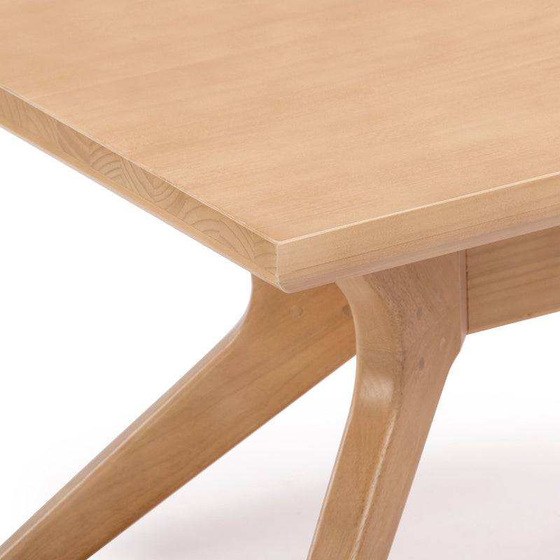 Modern wooden coffee table with sleek light wood finish and angled legs.