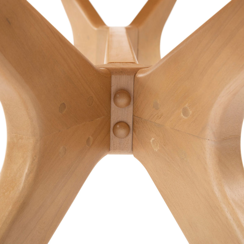Close-up of a natural wood table leg joint with a modern design, showcasing craftsmanship details and quality construction.