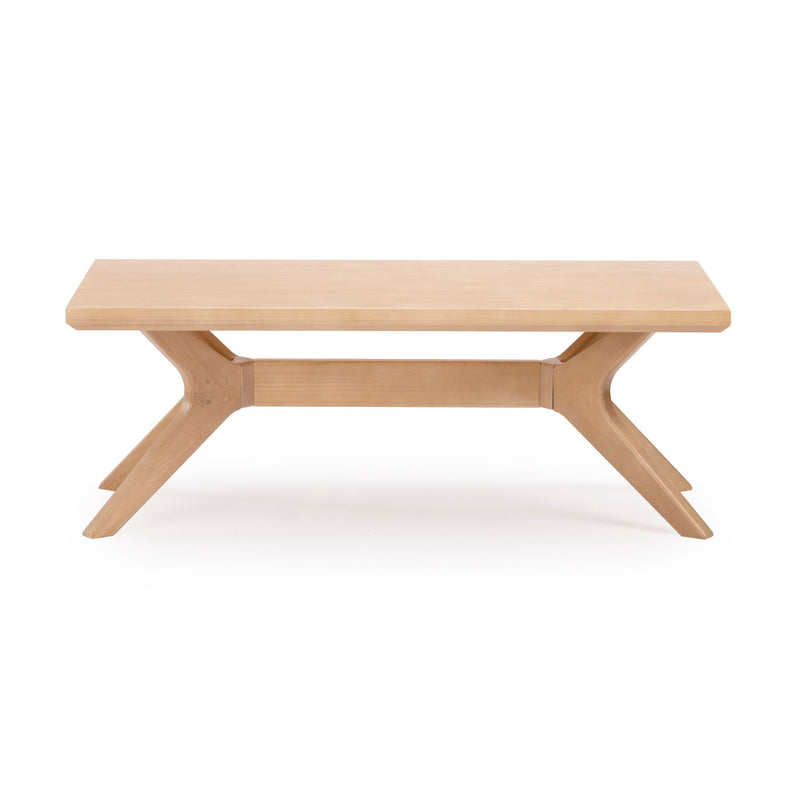 Modern wooden coffee table with angled legs on a white background.