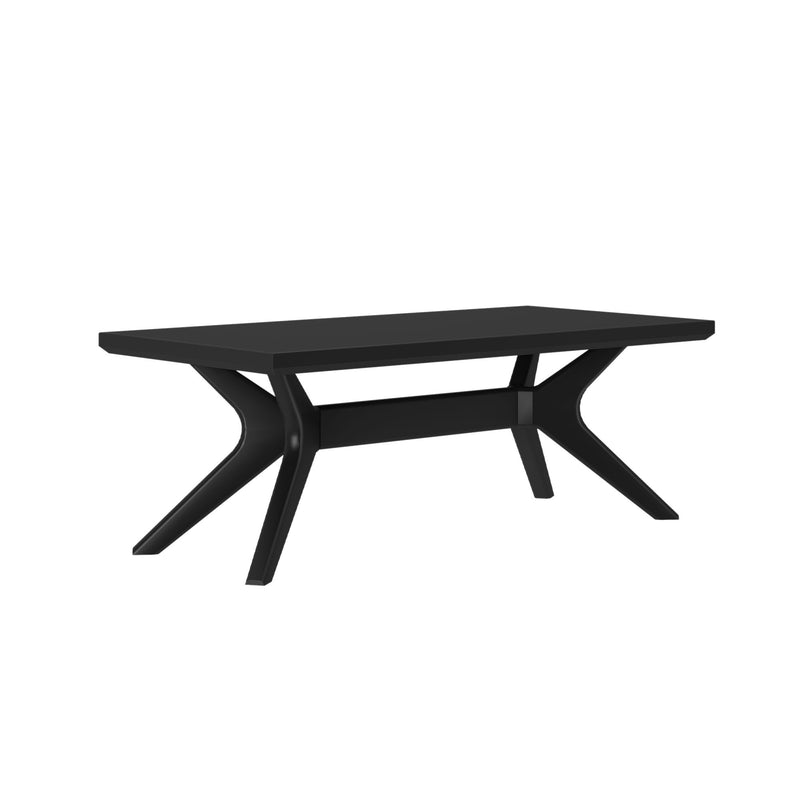 Modern black rectangular dining table with sleek curved legs, ideal for contemporary home decor.