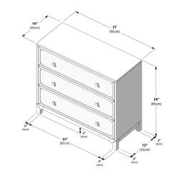 Isometric diagram of a three-drawer dresser with round knob pulls and labeled measurements: 37" (95 cm) wide × 16" (40 cm) deep × 34" (85 cm) high, drawer width 33" (87 cm).