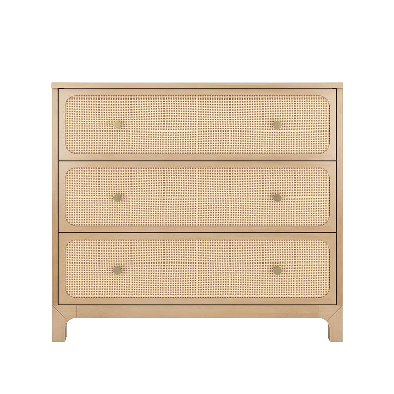 Light oak three-drawer dresser with woven rattan cane fronts and brass knobs modern boho chest of drawers for bedroom storage