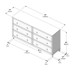 Isometric diagram of a six-drawer bedroom dresser with dimensions: 60" (154 cm) wide x 16" (40 cm) deep x 34" (85 cm) high; 56" (145 cm) drawer span and 3" (8 cm) base clearance — dresser dimensions blueprint for bedroom storage