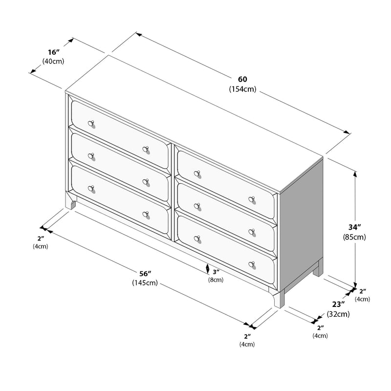 Isometric diagram of a six-drawer bedroom dresser with dimensions: 60" (154 cm) wide x 16" (40 cm) deep x 34" (85 cm) high; 56" (145 cm) drawer span and 3" (8 cm) base clearance — dresser dimensions blueprint for bedroom storage