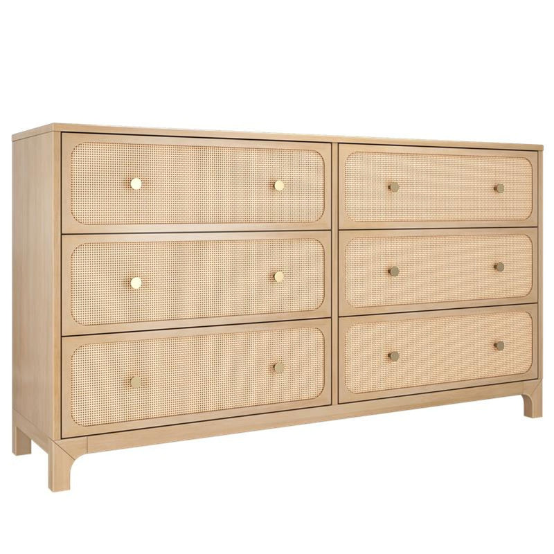 Rattan six-drawer dresser in light wood with woven cane drawer fronts and brass knobs — modern bedroom storage solution
