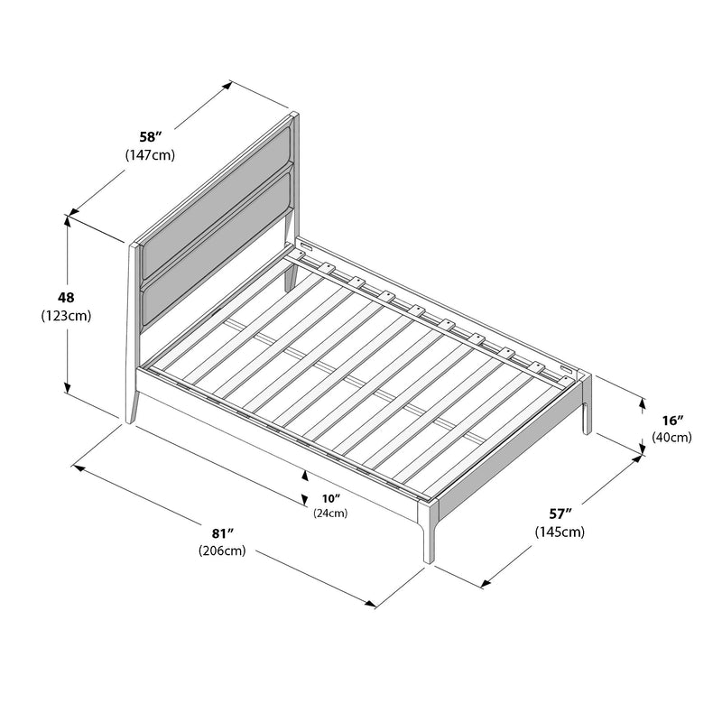 Technical drawing of a slatted platform bed frame with panel headboard, showing dimensions: 58″ (147 cm) headboard width, 48″ (123 cm) headboard height, 81″ (206 cm) overall length, 57″ (145 cm) frame width, 16″ (40 cm) side rail height and 10″ (24 cm) under-bed clearance