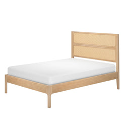 Light oak platform bed with woven rattan cane headboard and white mattress, Scandinavian mid-century modern bedroom furniture