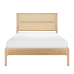 Light wood platform bed with woven cane rattan headboard and white mattress — modern minimalist natural oak bedroom furniture