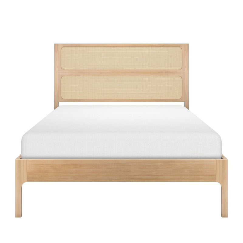 Light wood platform bed with woven cane rattan headboard and white mattress — modern minimalist natural oak bedroom furniture