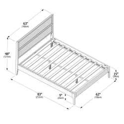 Platform bed frame with slatted support and padded headboard — dimension diagram showing 83" (212 cm) length, 62" (159 cm) width, headboard 63" (160 cm) wide and 48" (121 cm) high, 15" (39 cm) foot height and 9" (24 cm) under-bed clearance