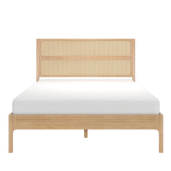 Natural oak platform bed with woven cane headboard and white mattress, minimalist Scandinavian modern bedroom furniture