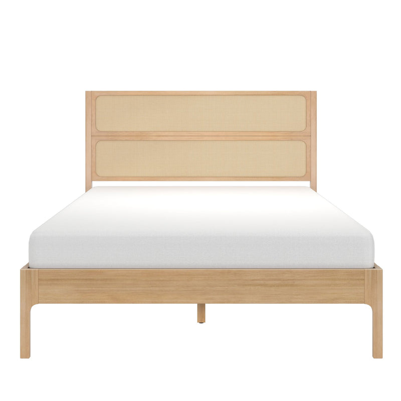 Natural oak platform bed with woven cane headboard and white mattress, minimalist Scandinavian modern bedroom furniture