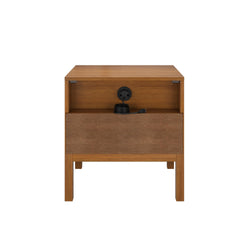 Mid-century modern walnut-finish wooden nightstand with open shelf, built-in cable management outlet and coiled black power cord