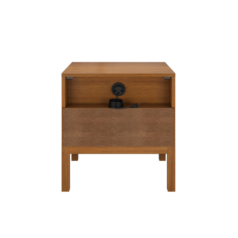 Mid-century modern walnut-finish wooden nightstand with open shelf, built-in cable management outlet and coiled black power cord