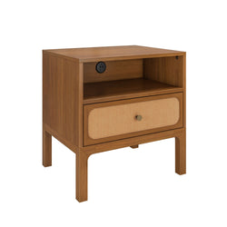 Mid-century modern walnut bedside table with woven cane-front drawer, open shelf and built-in power outlet