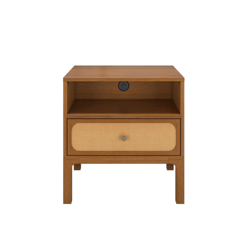 Mid-century modern walnut bedside table with cane rattan drawer front, open shelf with built-in power outlet and tapered legs