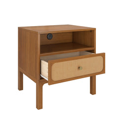 Mid-century modern walnut bedside table nightstand with woven rattan drawer front, open shelf, brass knob, and built-in power outlet