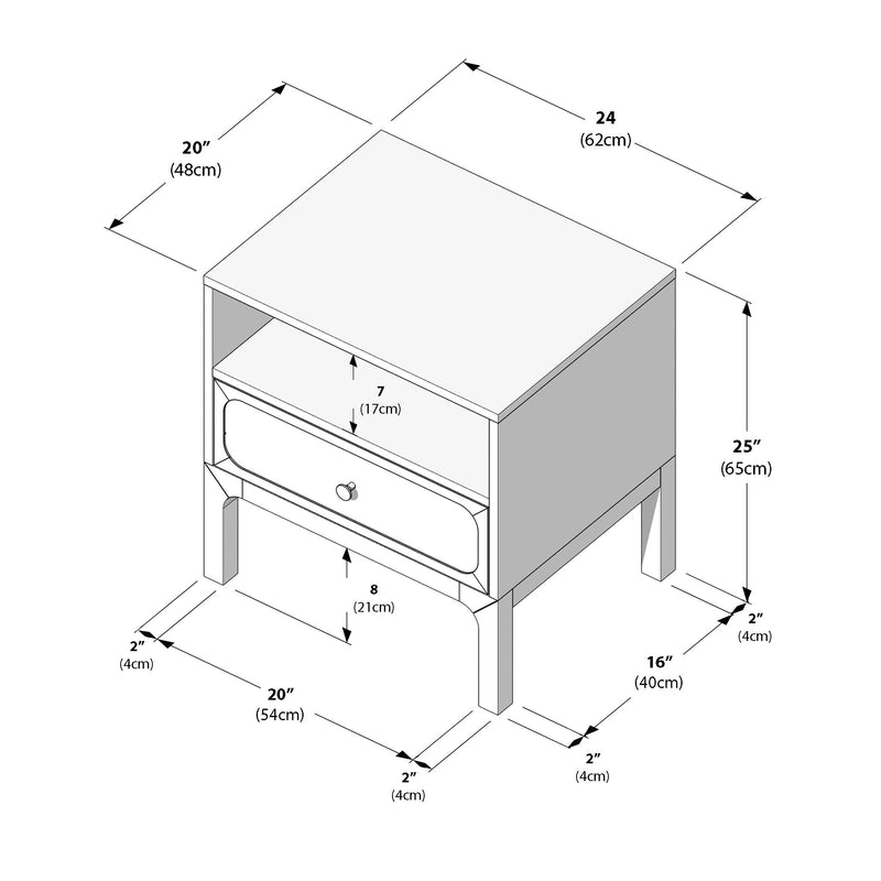 Isometric diagram of a modern wooden nightstand/bedside table with a single drawer and open shelf, labeled dimensions: 24" (62cm) deep, 20" (48cm) wide, 25" (65cm) high, shelf height 7" (17cm), leg clearance 8" (21cm).