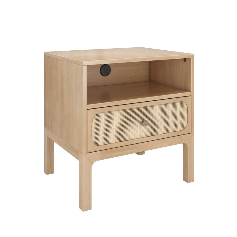 Scandinavian-style light wood nightstand with caned drawer front, open shelf and built-in power outlet