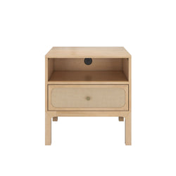 Light wood bedside table with rattan cane drawer front, open shelf and built-in power outlet, modern Scandinavian nightstand