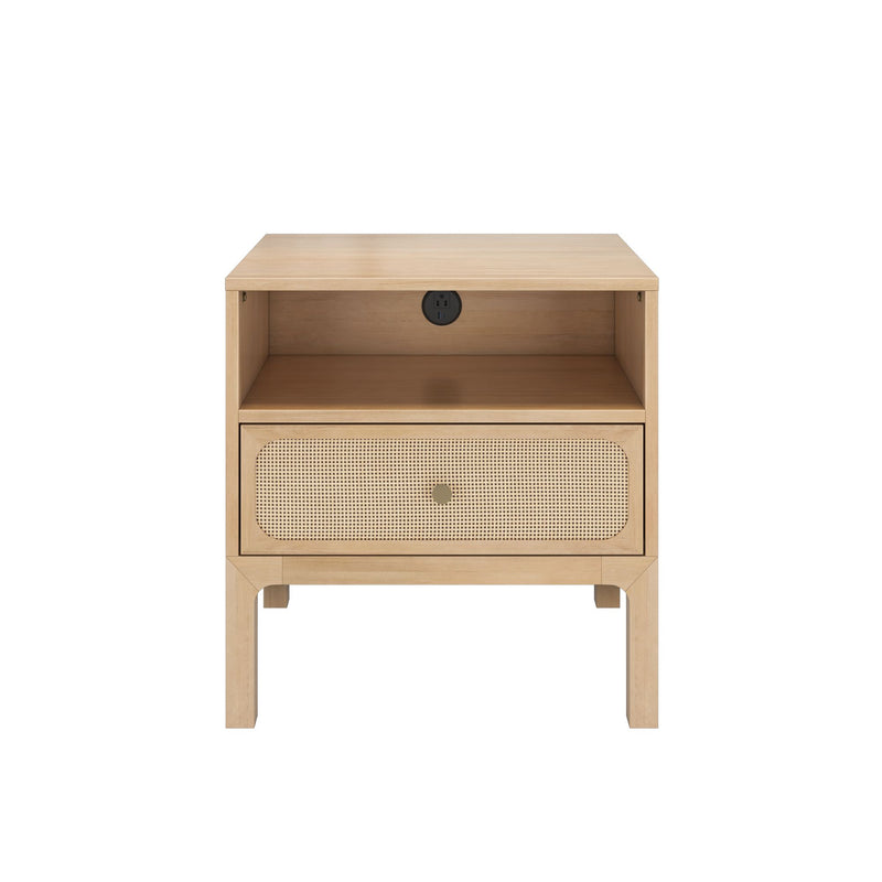 Light wood bedside table with rattan cane drawer front, open shelf and built-in power outlet, modern Scandinavian nightstand