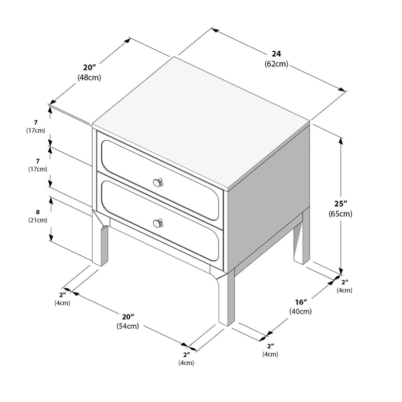 Two-drawer bedside table (nightstand) isometric diagram with measurements — 24 in W x 20 in D x 25 in H (62 x 48 x 65 cm); two 7 in drawers, 16 in (40 cm) leg clearance, knob pulls