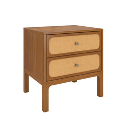 Mid-century modern walnut nightstand bedside table with two rattan cane-front drawers and brass round knobs on wooden legs
